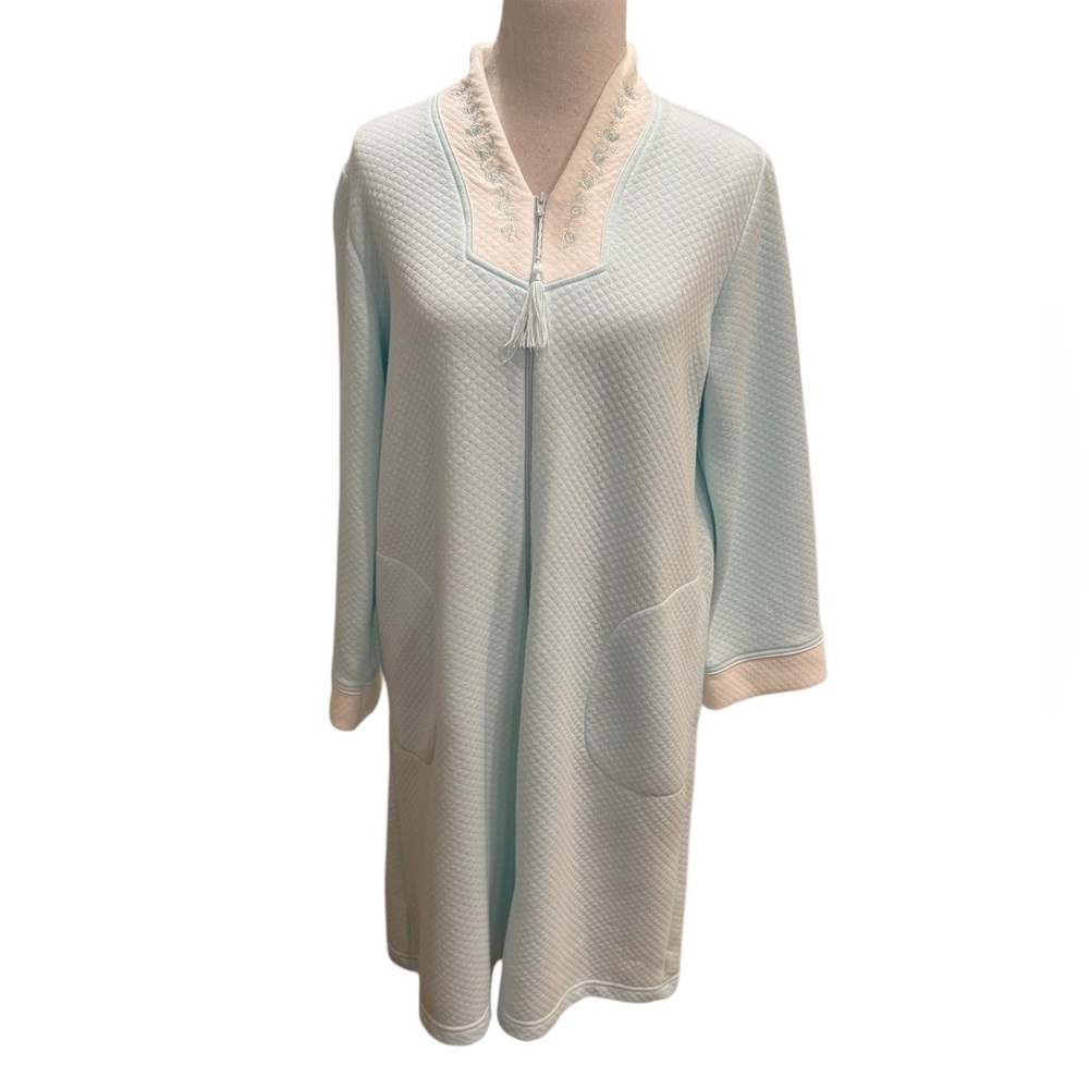 Miss Elaine Women’s Aqua Blue Long Sleeve V-Neck Zip Up One-Piece Robe Size M